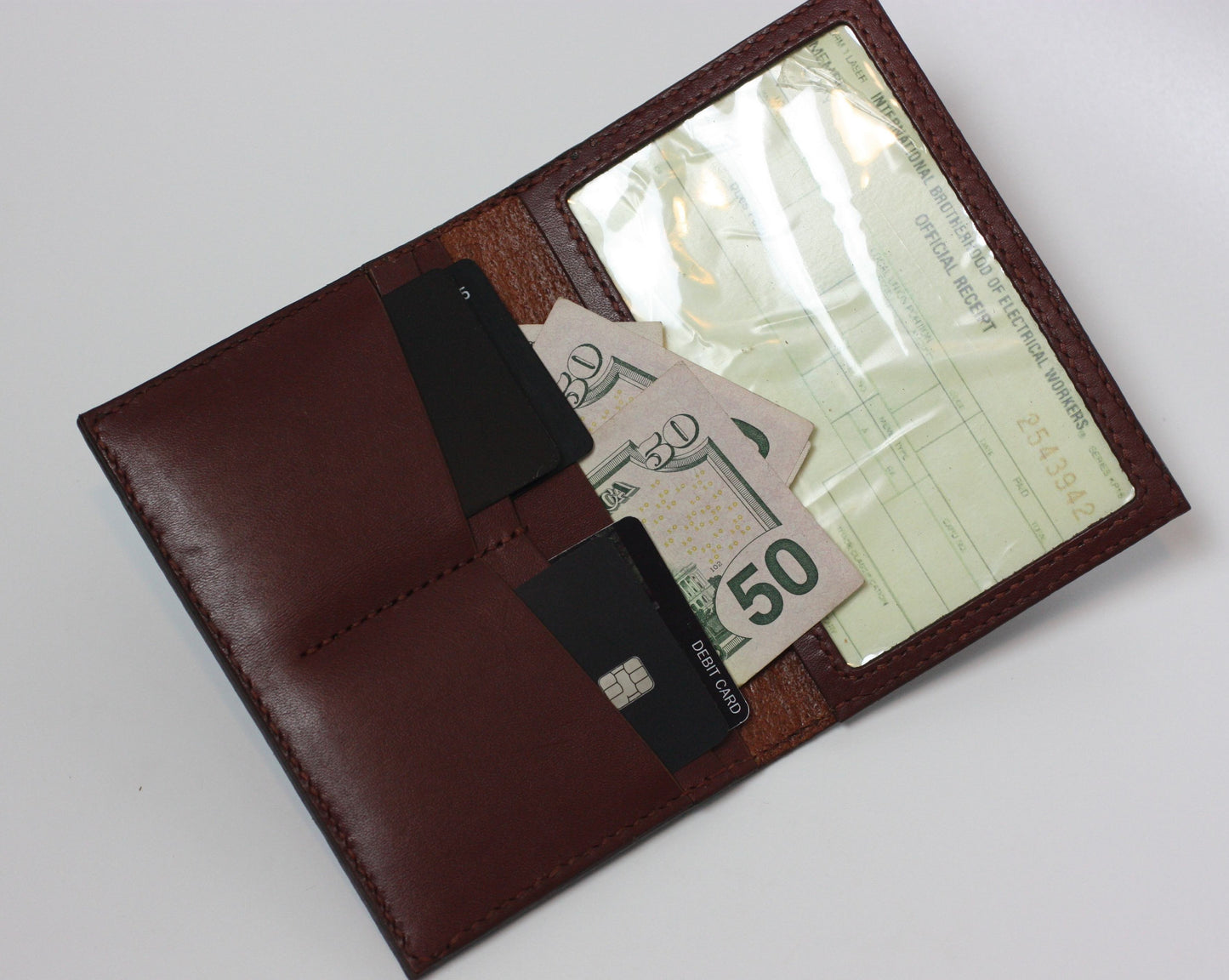 Credential Wallet with 5 x 3 Clear window, 4 Card Slots, and 1 Large Cash Slot - Custom Engraved on front.