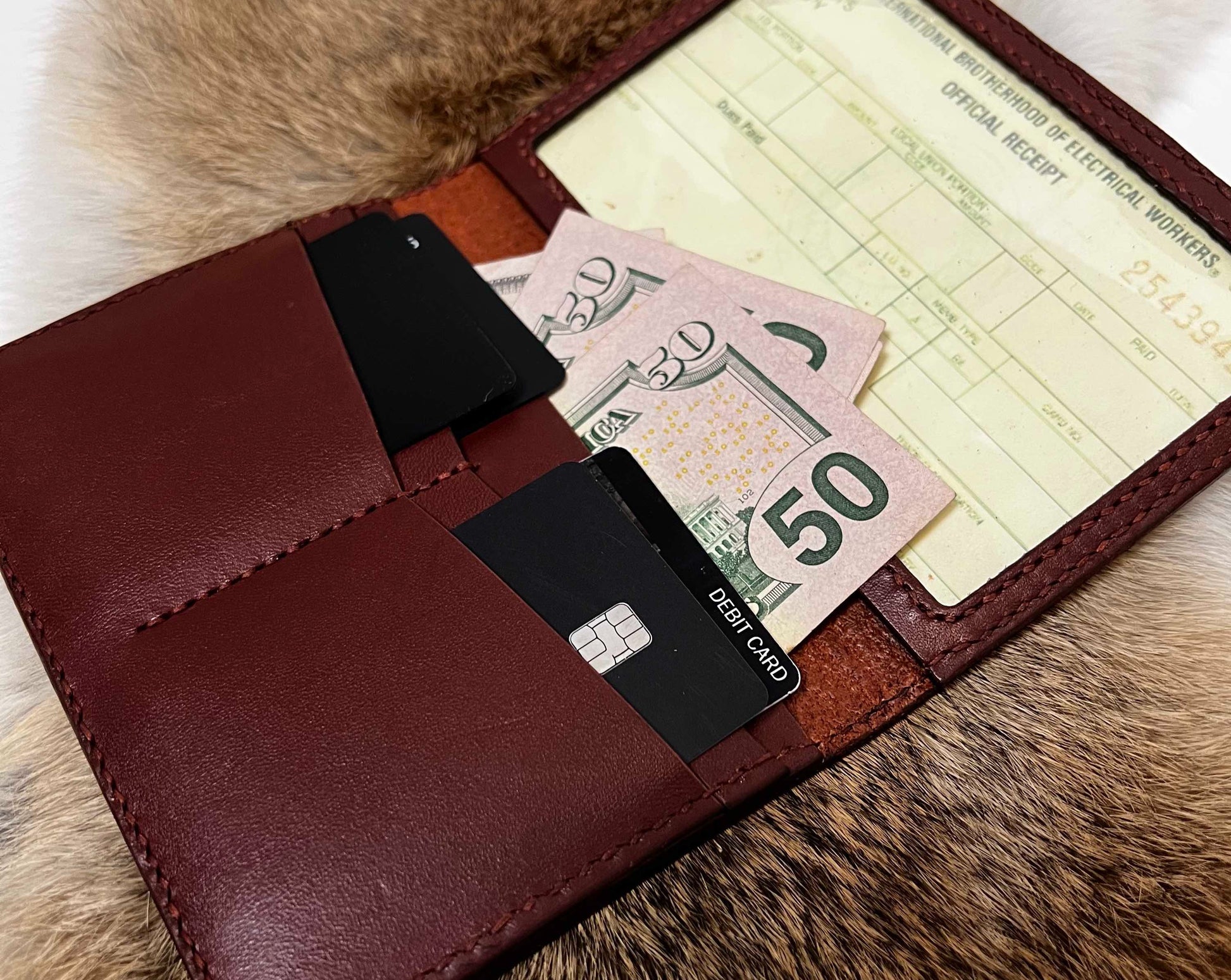 Credential Wallet with 5 x 3 Clear window, 4 Card Slots, and 1 Large Cash Slot - Custom Engraved on front.